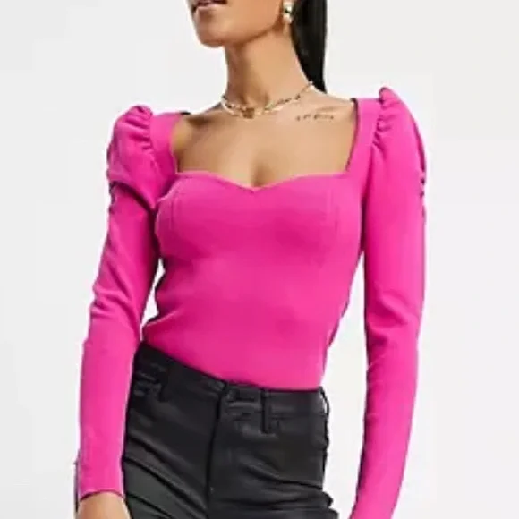 NWOT Brown Sweetheart Neck and Puff Shoulder Ribbed Sweater - Picture 4 of 4